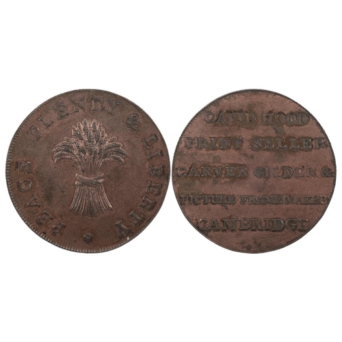 212 - Cambridge, Cambridgeshire copper Halfpenny token, David Hood (DH 19a). Obverse:  wheat sheaf, 'PEACE... 