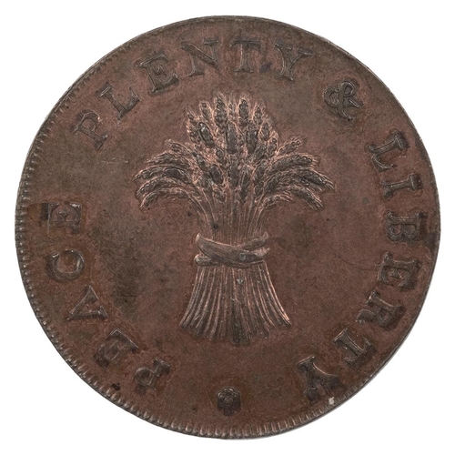 212 - Cambridge, Cambridgeshire copper Halfpenny token, David Hood (DH 19a). Obverse:  wheat sheaf, 'PEACE... 