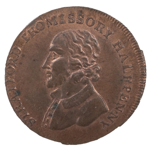 234 - 1796 Stratford, Warwickshire copper Halfpenny token, boys at turnstile (DH 326). Obverse: bust of Sh... 