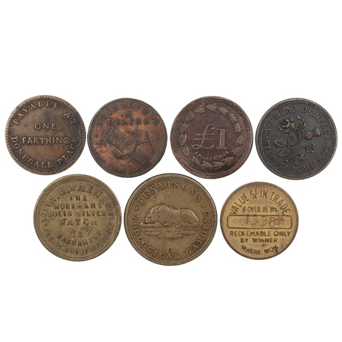 251 - Seven (7) miscellaneous tokens, including, Belfast, Ferrar & Co Silk Mercers Donegall Place Fart... 