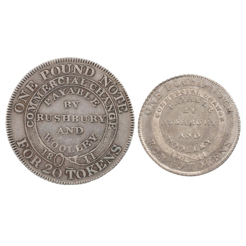 244 - Two (2) 1811 Bilston, Staffordshire silver tokens, Rushbury and Woolley, including Shilling (D 2); a... 