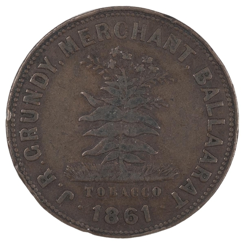 253 - Australia, 1861 token, J R Grundy, Ballarat, Victoria. Obverse: tobacco plant, 'TOBACCO' and date (1... 