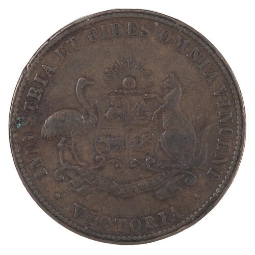 253 - Australia, 1861 token, J R Grundy, Ballarat, Victoria. Obverse: tobacco plant, 'TOBACCO' and date (1... 