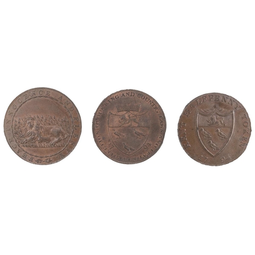 215 - Three (3) Kent copper Halfpenny Tokens, including 1794 Appledore, windmill, Peckham's (DH 3) 1794 Ca... 