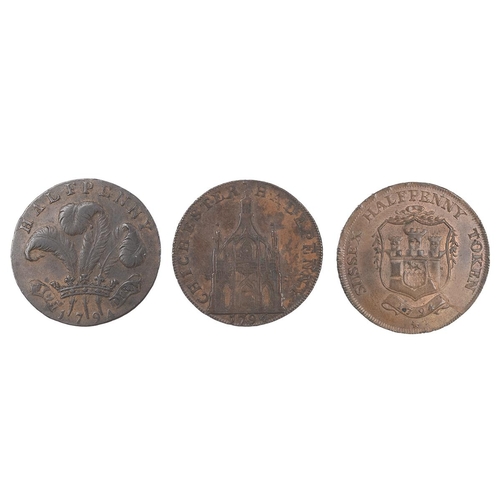 233 - Three (3) Sussex copper Halfpenny Tokens, including 1794 Brighton, Prince of Wales (DH 3a); 1794 Chi... 