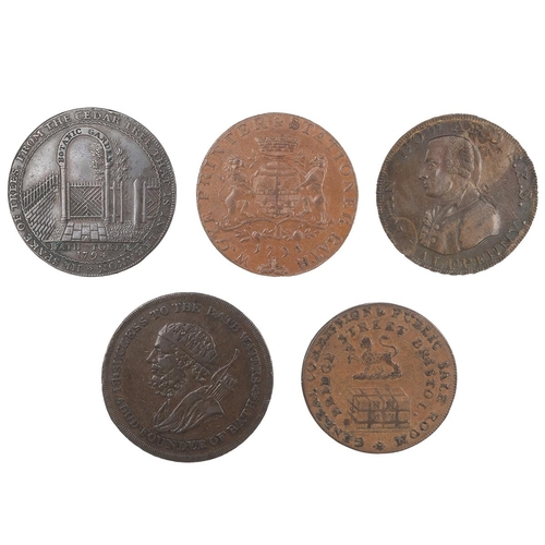 229 - Five (5) Somerset copper Halfpenny tokens, including 1794 Bath, botanic garden (DH 26); 1794 Bath, I... 