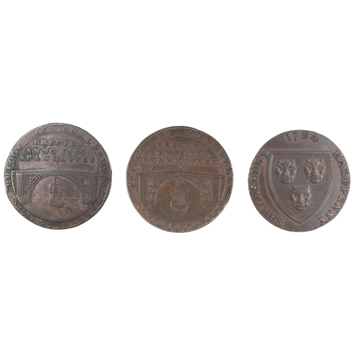 226 - Three (3) Shropshire copper Halfpenny tokens, including 1792 Coalbrook Dale, Iron Bridge (DH 12); 17... 