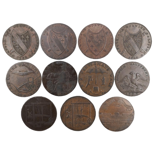 224 - Eleven (11) Norwich, Norfolk copper Halfpenny tokens, including 1792 castle above lion, Bolingbrokes... 