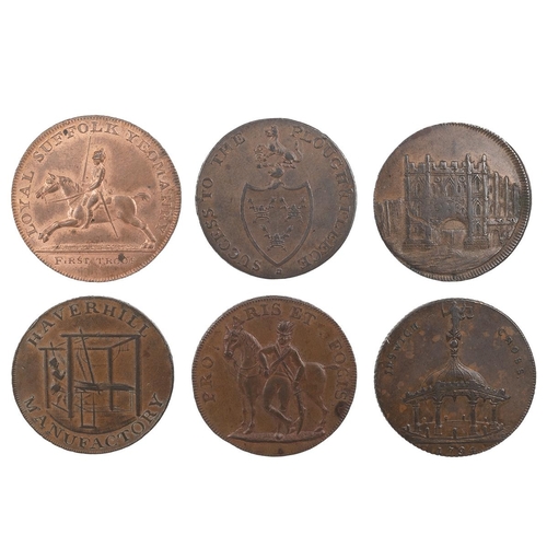 232 - Six (6) Suffolk copper Halfpenny tokens, including 1794 Blything, mounted yeoman, sword to 'O', God ... 