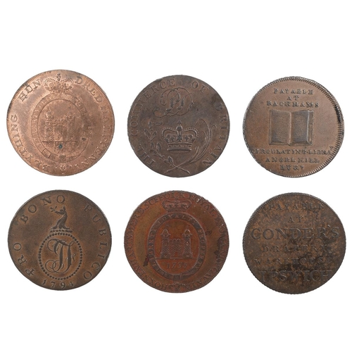 232 - Six (6) Suffolk copper Halfpenny tokens, including 1794 Blything, mounted yeoman, sword to 'O', God ... 