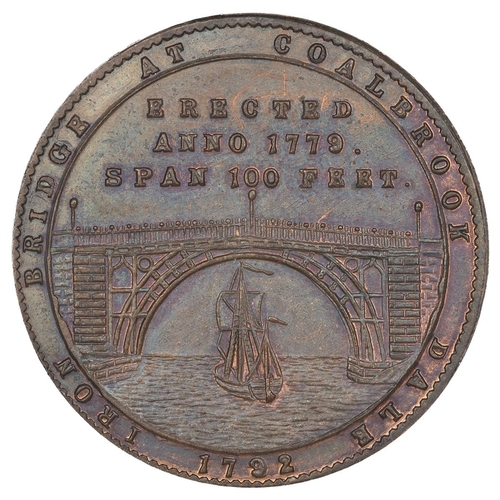 225 - 1792 Coalbrookdale, Shropshire copper Halfpenny token (similar DH 16-17). Obverse: Iron Bridge with ... 