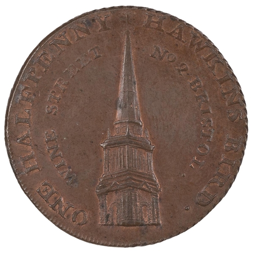 228 - 1793 Wine Street, Bristol, Somerset copper Halfpenny token (DH 89). Obverse: church spire, 'ONE HALF... 