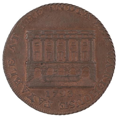 228 - 1793 Wine Street, Bristol, Somerset copper Halfpenny token (DH 89). Obverse: church spire, 'ONE HALF... 