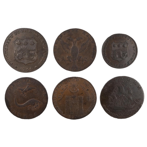 237 - Six (6) Dorset and Hampshire copper Halfpenny and Farthing tokens, including 1795 Poole, Dorset, Hop... 