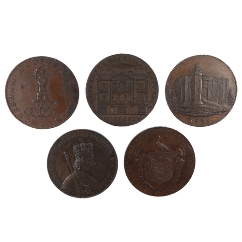 236 - Five (5) Buckinghamshire, Essex and Hertfordshire copper Halfpenny tokens, including 1795 Chesham, B... 