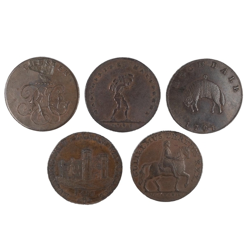 239 - Five (5) Cheshire, Lancashire and Yorkshire copper Halfpenny tokens, including 1790 Chester, Cheshir... 