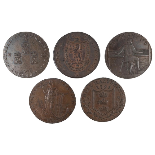 239 - Five (5) Cheshire, Lancashire and Yorkshire copper Halfpenny tokens, including 1790 Chester, Cheshir... 