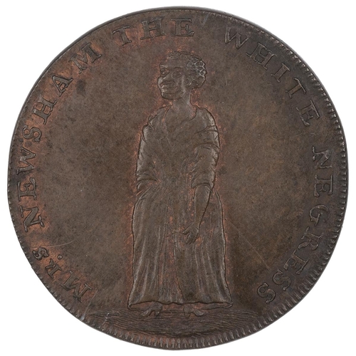 217 - 1795 Mrs Newsham, Thomas Hall, Middlesex copper Halfpenny token (DH 317). Obverse: a woman standing,... 