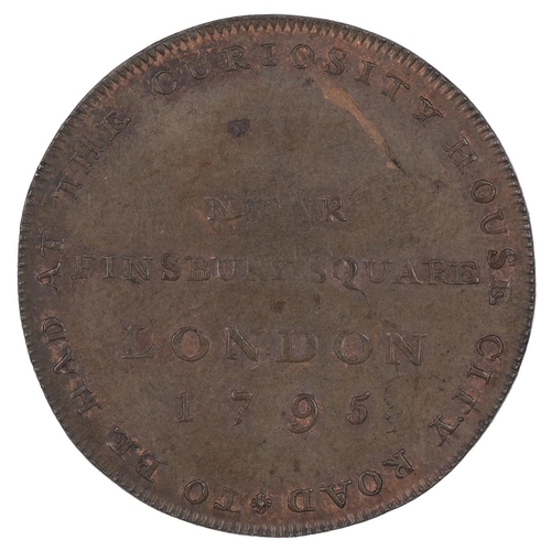 217 - 1795 Mrs Newsham, Thomas Hall, Middlesex copper Halfpenny token (DH 317). Obverse: a woman standing,... 