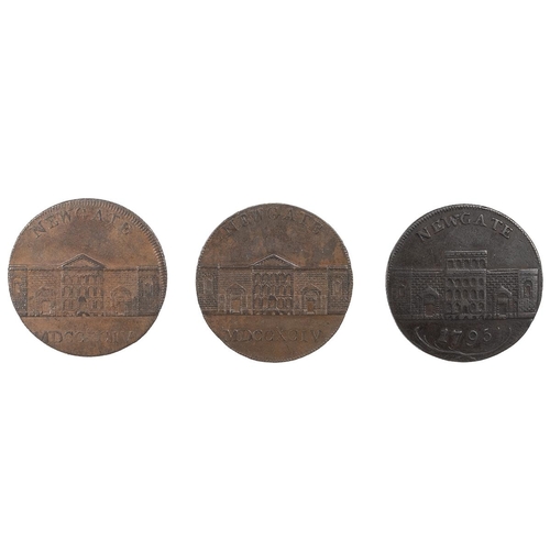 218 - Three (3) Newgate Prison, Middlesex copper Halfpenny tokens, including 1794 (MDCCXCIV), Messers, mil... 