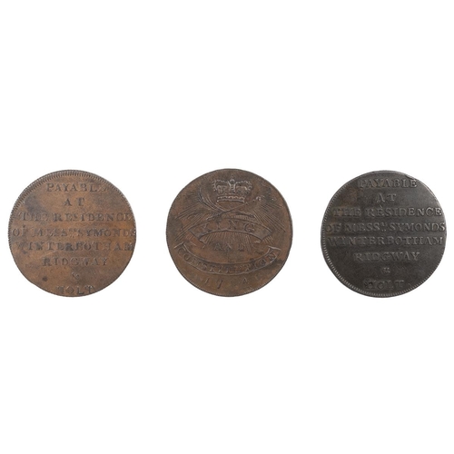 218 - Three (3) Newgate Prison, Middlesex copper Halfpenny tokens, including 1794 (MDCCXCIV), Messers, mil... 