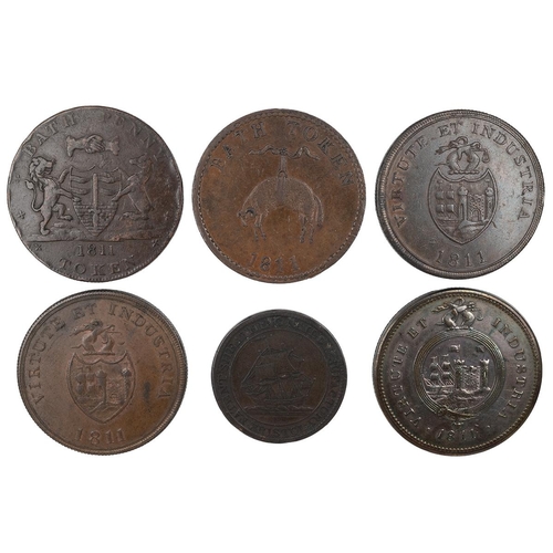 245 - Six (6) Bath and Bristol copper tokens, including 1811 Bath Penny, Whitchurch and Dore (W 15); 1811 ... 