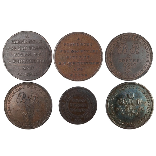 245 - Six (6) Bath and Bristol copper tokens, including 1811 Bath Penny, Whitchurch and Dore (W 15); 1811 ... 