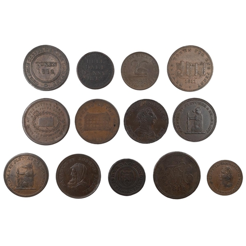 249 - Thirteen (13) 19th-century copper Penny and Halfpenny tokens, including 1812 Cheadle Copper and Bras... 