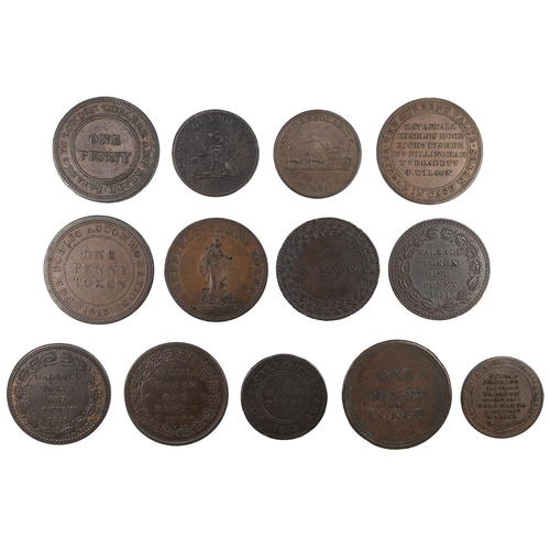 249 - Thirteen (13) 19th-century copper Penny and Halfpenny tokens, including 1812 Cheadle Copper and Bras... 