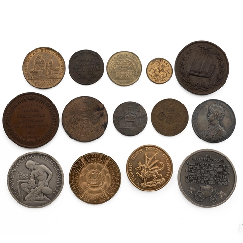 260 - Fourteen (14) British and world medals and tokens, with some silver, including 1756-dated Louis XV D... 