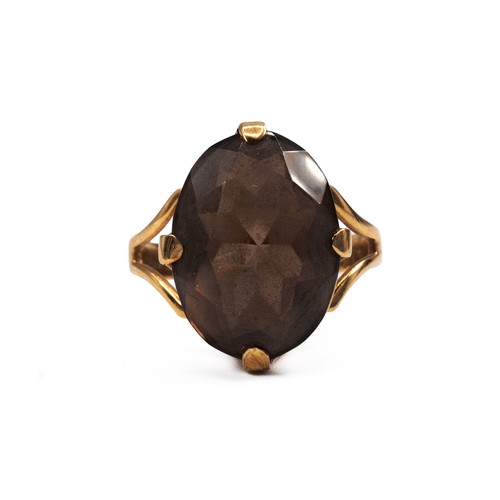 2 - 9ct ring, set with a smokey quartz stone, in a four-claw setting, finger M, 3.51grams gross.