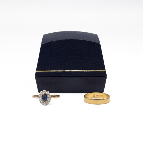 4 - A yellow metal and diamond sapphire ring, finger size J, stamped 18ct, 2.7 grams, along with a 22ct ... 