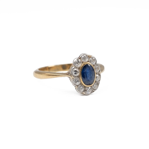 4 - A yellow metal and diamond sapphire ring, finger size J, stamped 18ct, 2.7 grams, along with a 22ct ... 