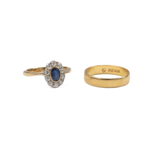 4 - A yellow metal and diamond sapphire ring, finger size J, stamped 18ct, 2.7 grams, along with a 22ct ... 