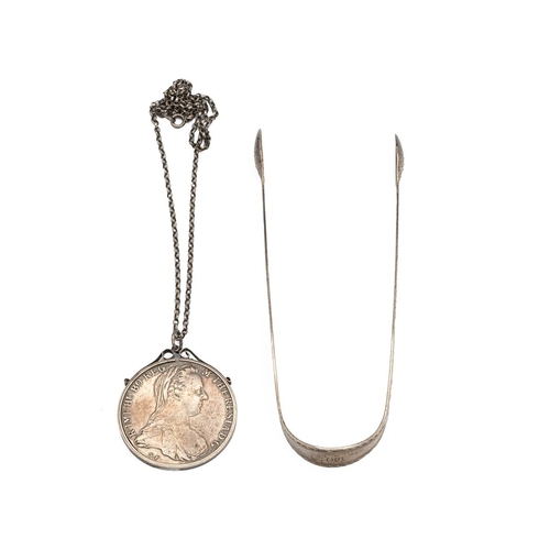 8 - Silver Marie Theresa mounted coin on a white metal necklace, along with a pair of silver bright-cut ... 