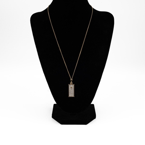 9 - 9ct gold pendant and chain, the pendant set with a panel of white stones, marked 