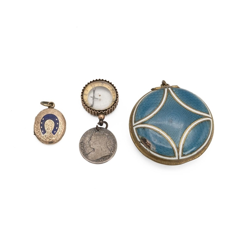 14 - Guilloche enamel pendant lidded pot, a mourning pendant and a gilt horse shoe enamel pendant.