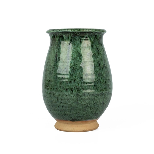 20 - Buckfast abbey, studio pottery vase, of green ribbed form, stamped to the base, 22cm high.