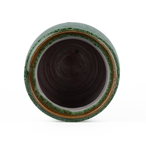 20 - Buckfast abbey, studio pottery vase, of green ribbed form, stamped to the base, 22cm high.