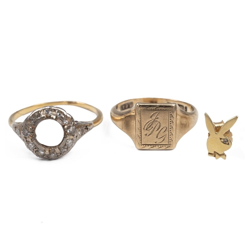 23 - 9ct gold signet ring, a pair of unmarked of bunny earrings, tested as 9ct, 3.56 grams, along with tw... 