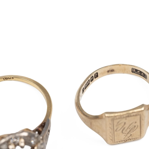 23 - 9ct gold signet ring, a pair of unmarked of bunny earrings, tested as 9ct, 3.56 grams, along with tw... 