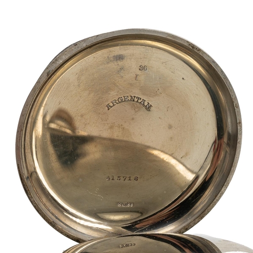 38 - Argentan cased 8 day pocket watch in a hallmarked silver (Chester date mark indistinct) and faux tor... 