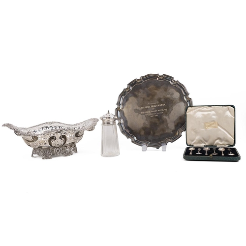 43 - Collection of mixed silver items, to include a salver, pierced silver basket, set of teaspoons and s... 