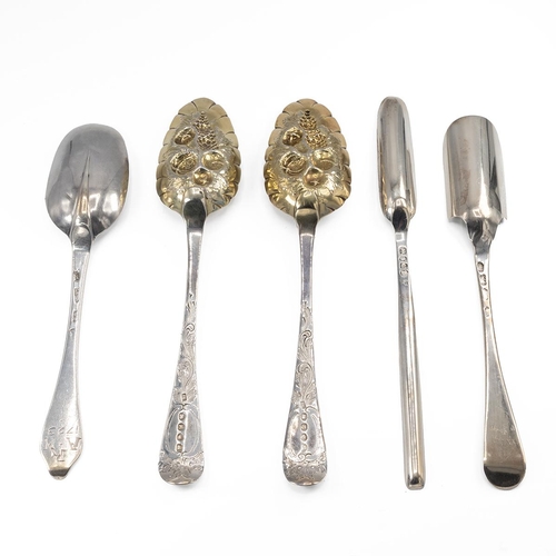 49 - 18th-century silver dog nose spoon, marks worn, along with a silver cheese scoop, silver marrow scoo... 