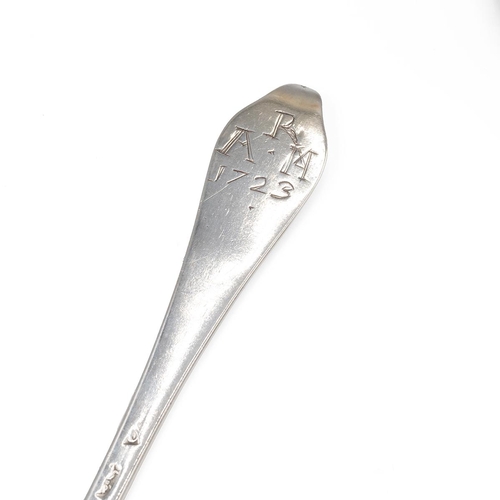 49 - 18th-century silver dog nose spoon, marks worn, along with a silver cheese scoop, silver marrow scoo... 