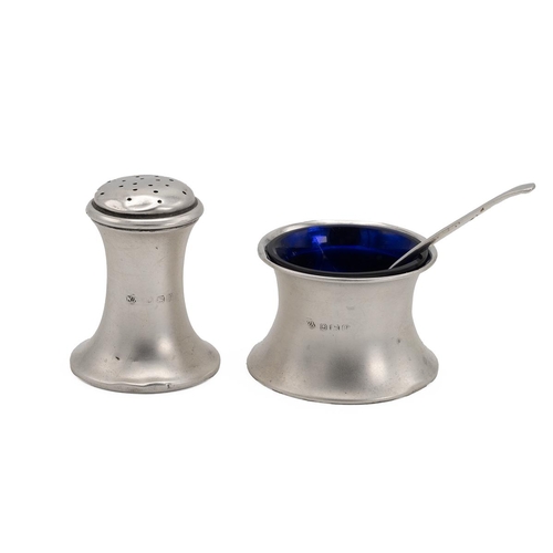 50 - Silver pepperette and mustard with blue glass liner, William Aitken, Birmingham 1916, along with a s... 