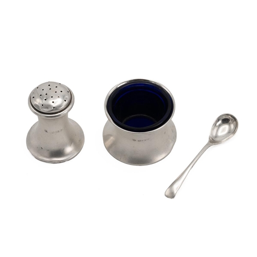 50 - Silver pepperette and mustard with blue glass liner, William Aitken, Birmingham 1916, along with a s... 