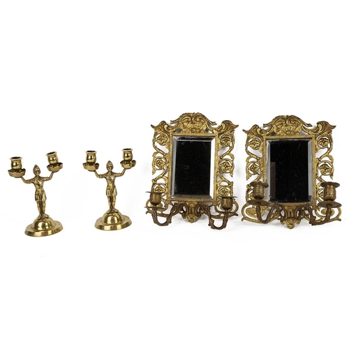 63 - Pair of brass framed mirror wall sconces, each with two candle holders (27cm x 22cm) and a pair of n... 