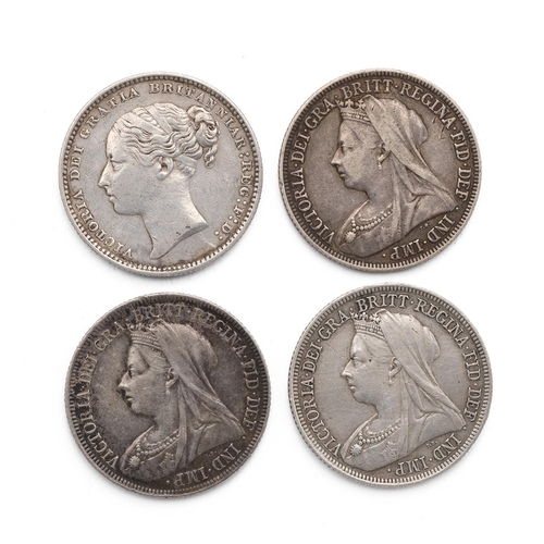 71 - Four (4) Victoria silver Shillings, including 1879, 1894, 1899 and 1900. Grades: VF - Very Fine.