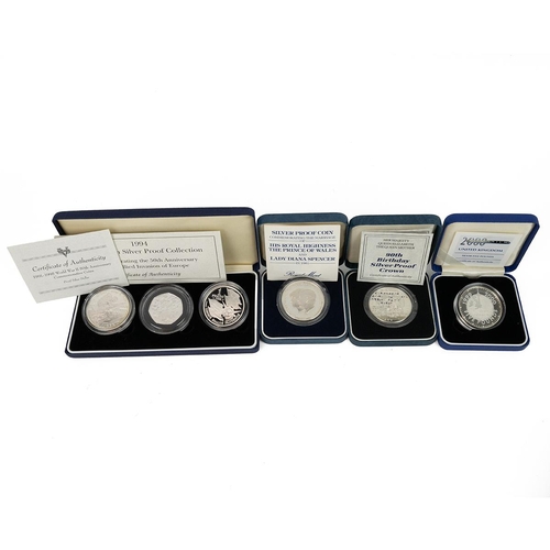 79 - Four (4) UK silver proof coins and sets, including 1981 Royal Wedding £5, 1990 Queen Mother 90th Bir... 